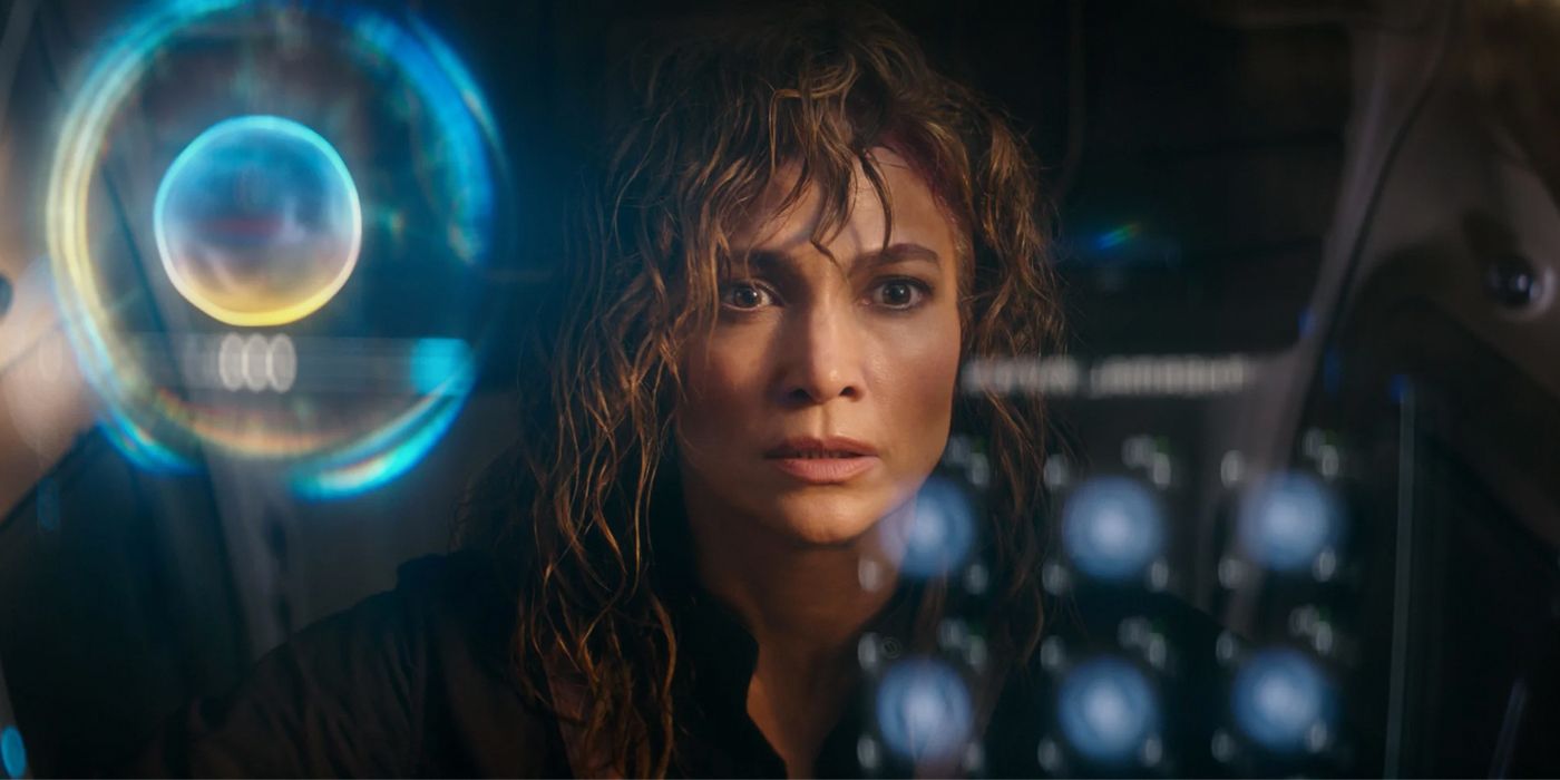 Jennifer Lopez looks worried as Atlas Shepherd in a scene from the Netflix sci-fi thriller, Atlas.