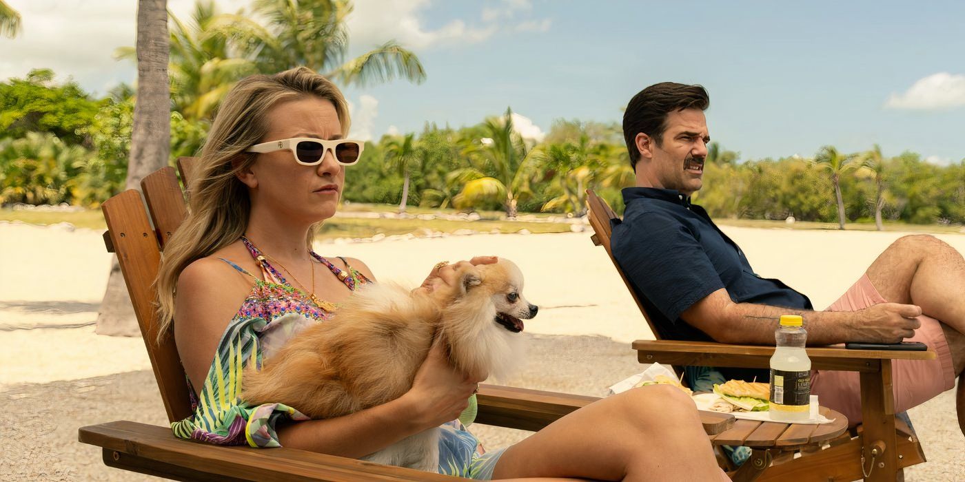 Meredith Hagner, Rob Delaney y su perro disfrutan de una playa de Florida en 'Bad Monkey'