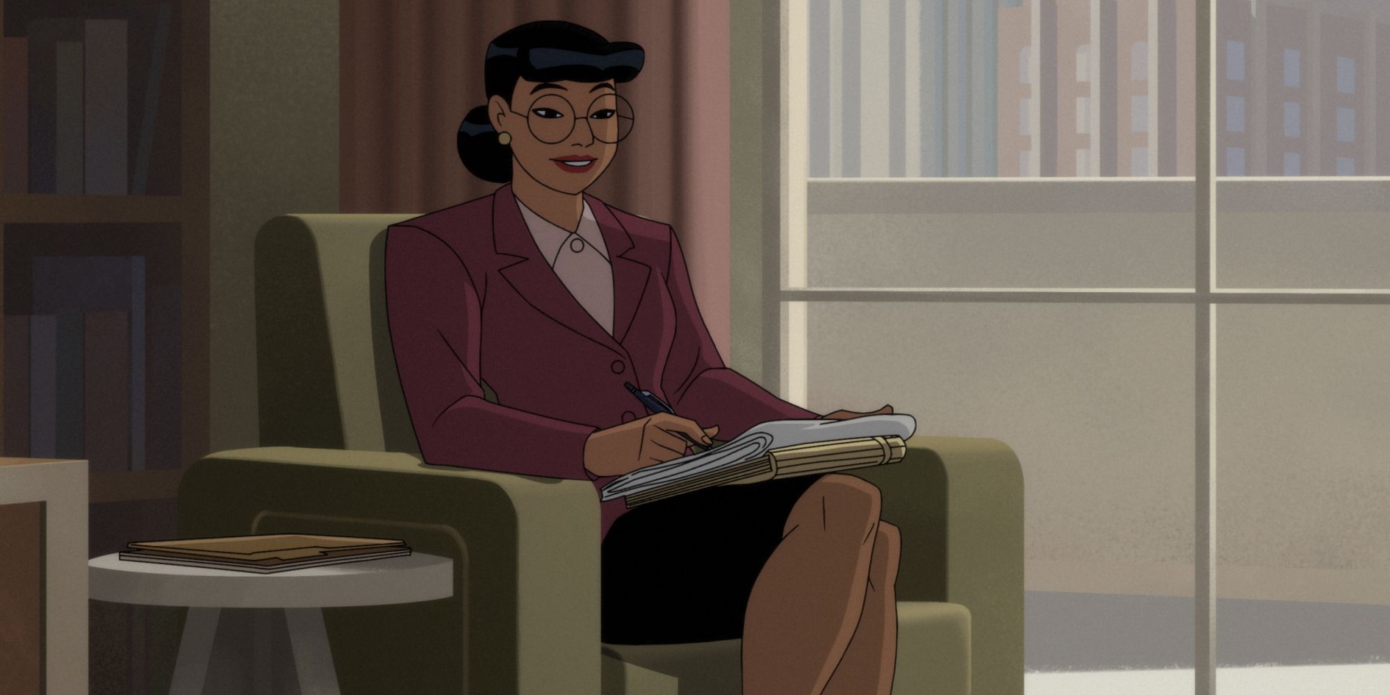 Dr. Harleen Quinzel conducting a psychiatric evaluation in Batman: Caped Crusader