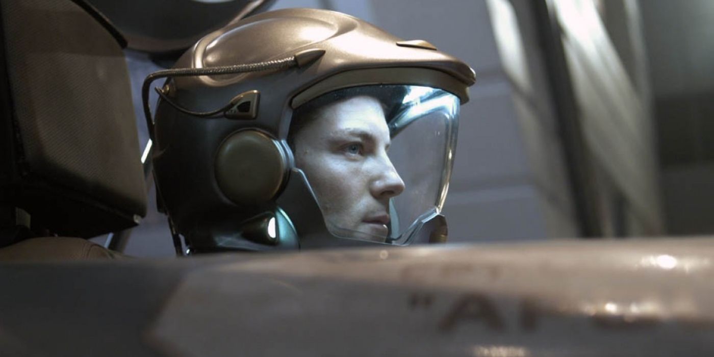 Jamie Bamber as Lee Adama in a cockpit in Battlestar Galactica