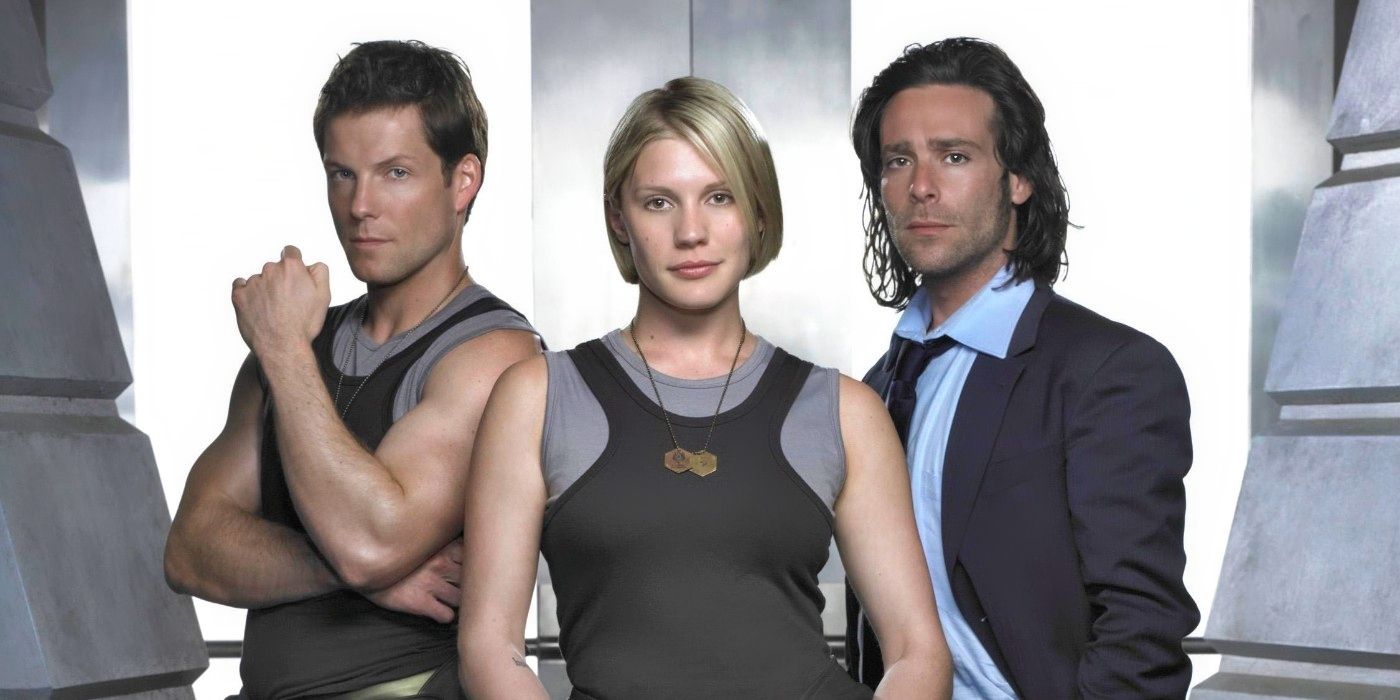 Jamie Bamber, Katee Sackhoff, and James Callis in a promo for Battlestar Galactica Season 2
