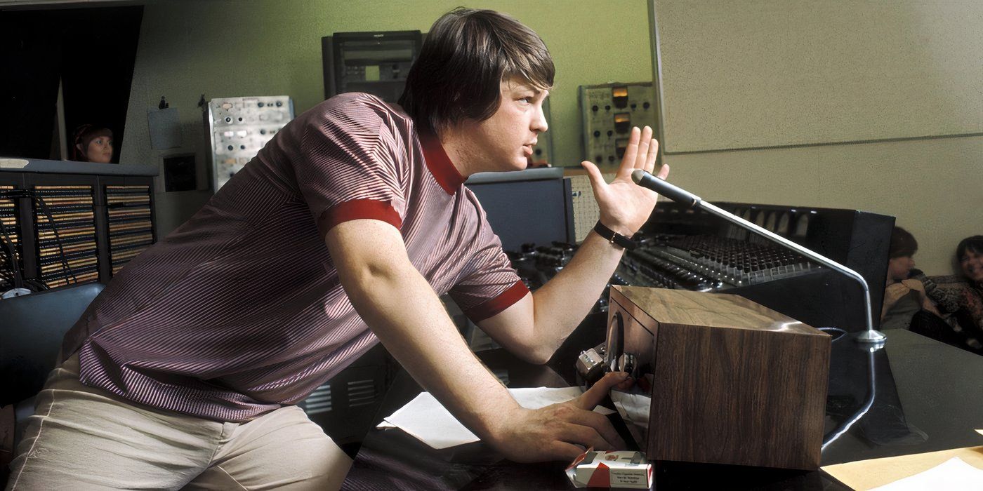 A young Brian Wilson in the recording studio in The Beach Boys documentary.