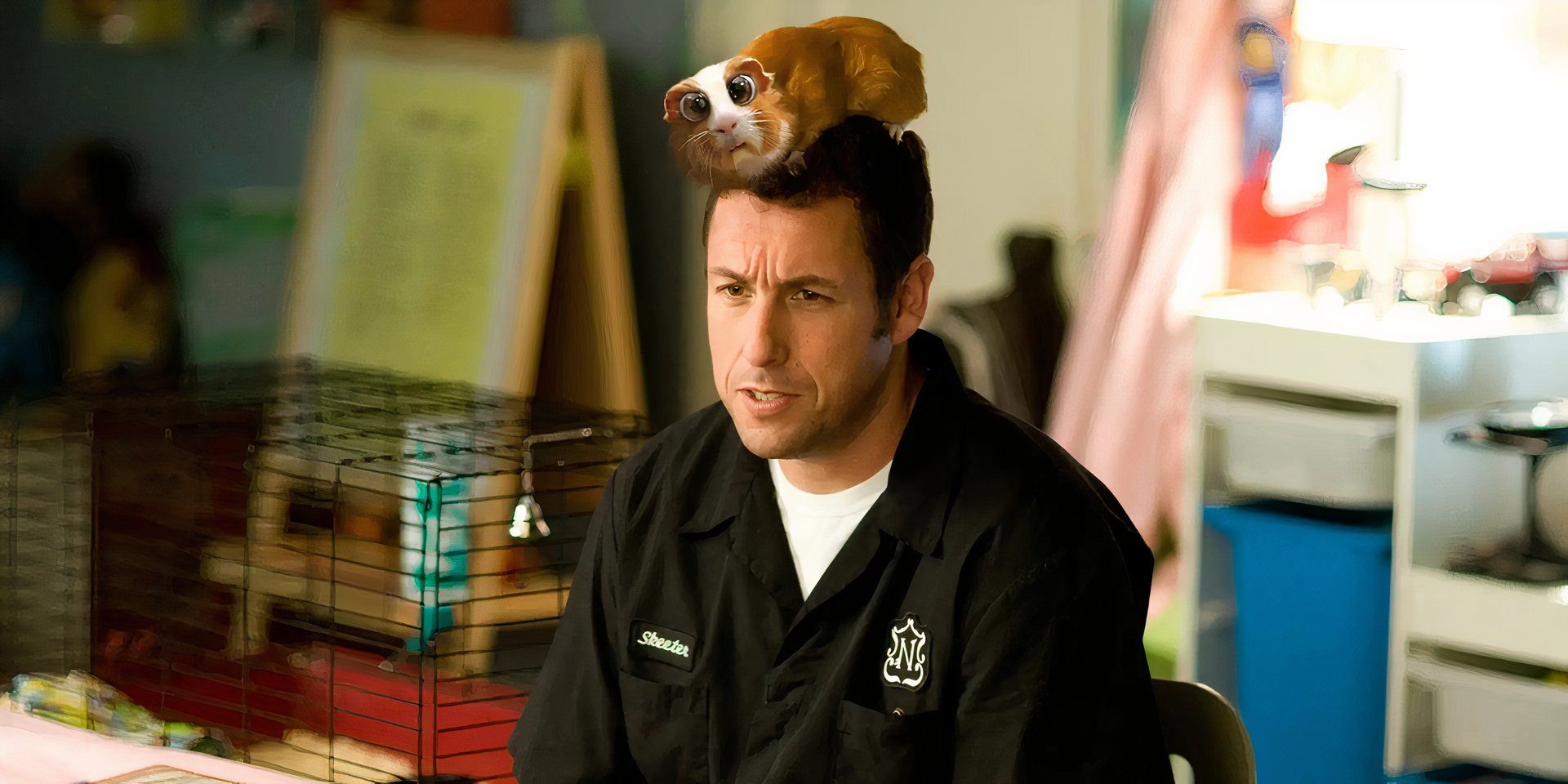 Skeeter Bronson with a large, bug-eyed cartoonish guinea pig on his head in 'Bedtime Stories' (2008)