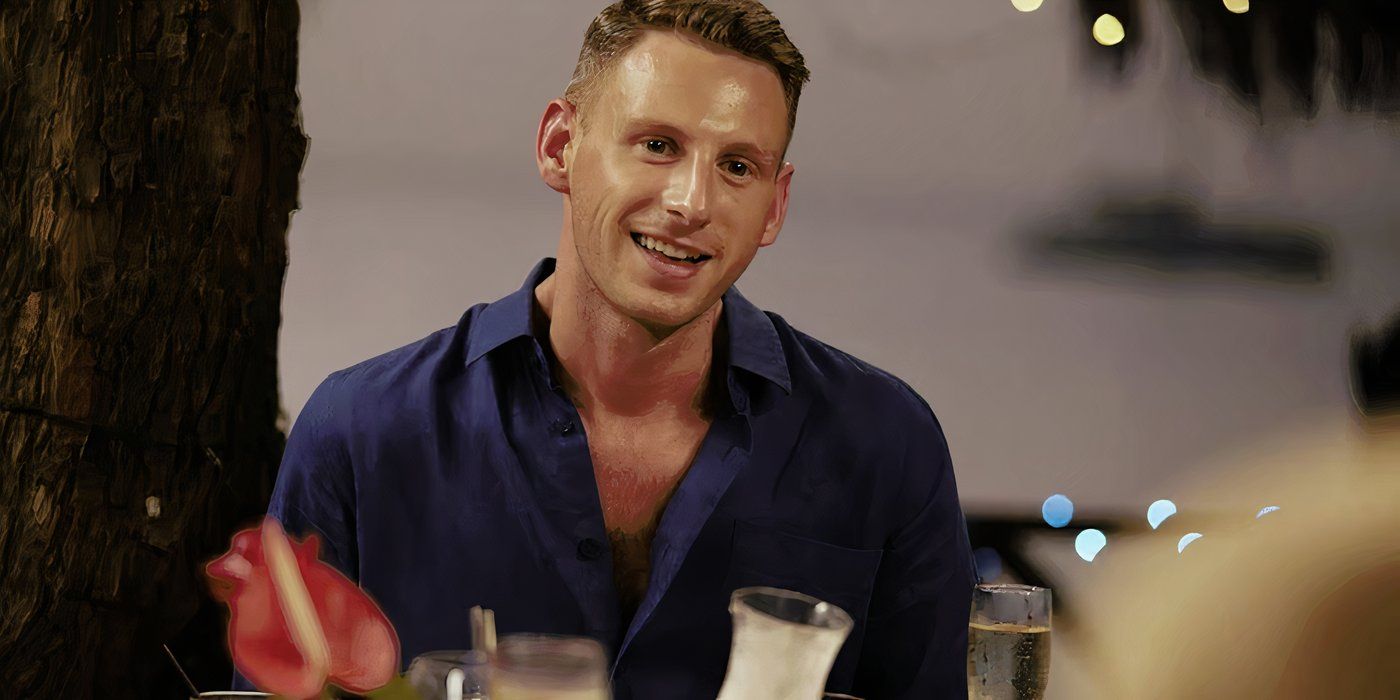 Fraser Olender in a casual shirt sitting at a table with drinks during a crew outing on &lsquo;Below Deck&rsquo;.
