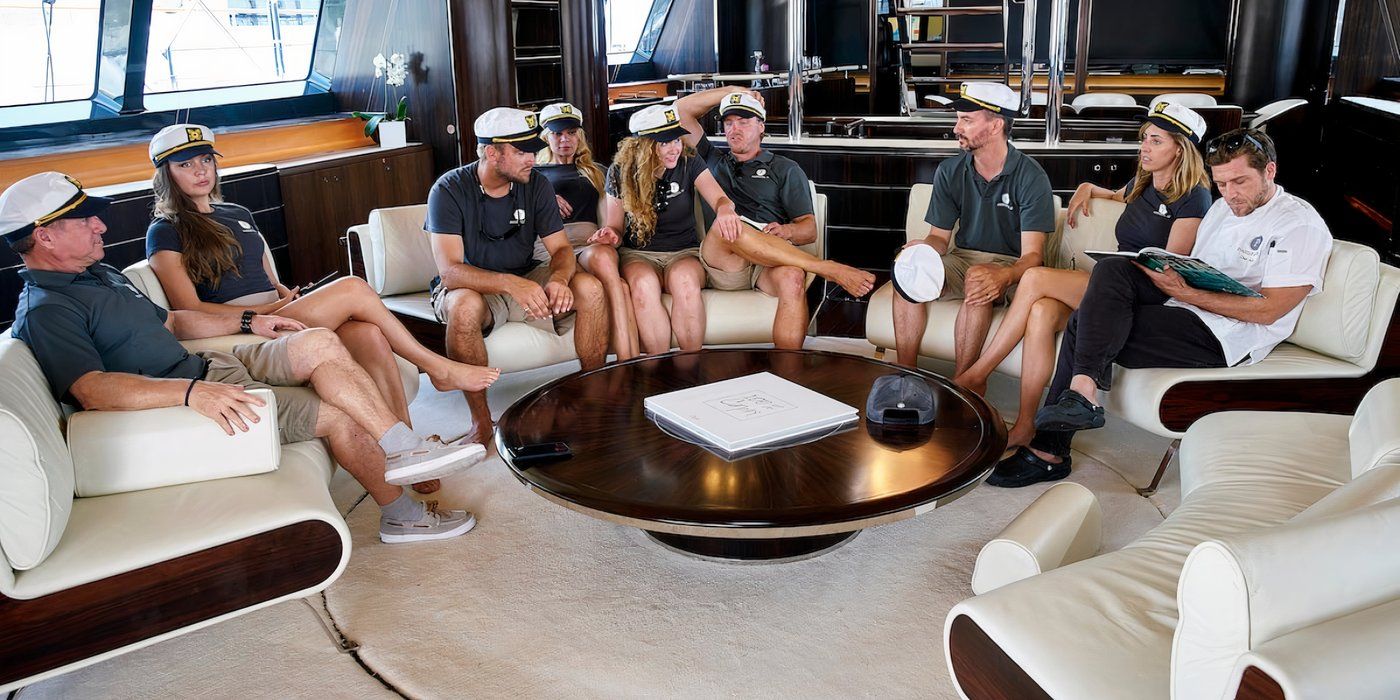 The crew of Parsifall III in the sky lounge during Season 1 of 'Below Deck Sailing Yacht.'