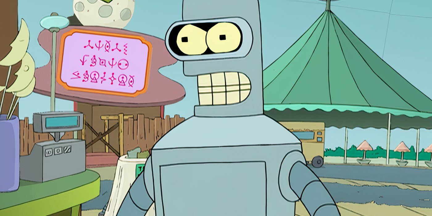 Bender in front of an alienese sign in 'Futurama'