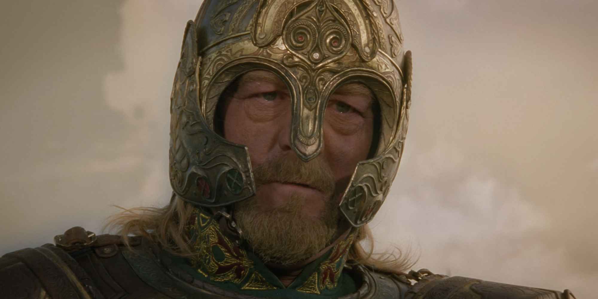 Close-up of Theoden wearing his helmet, before the charge on Pelennor Fields