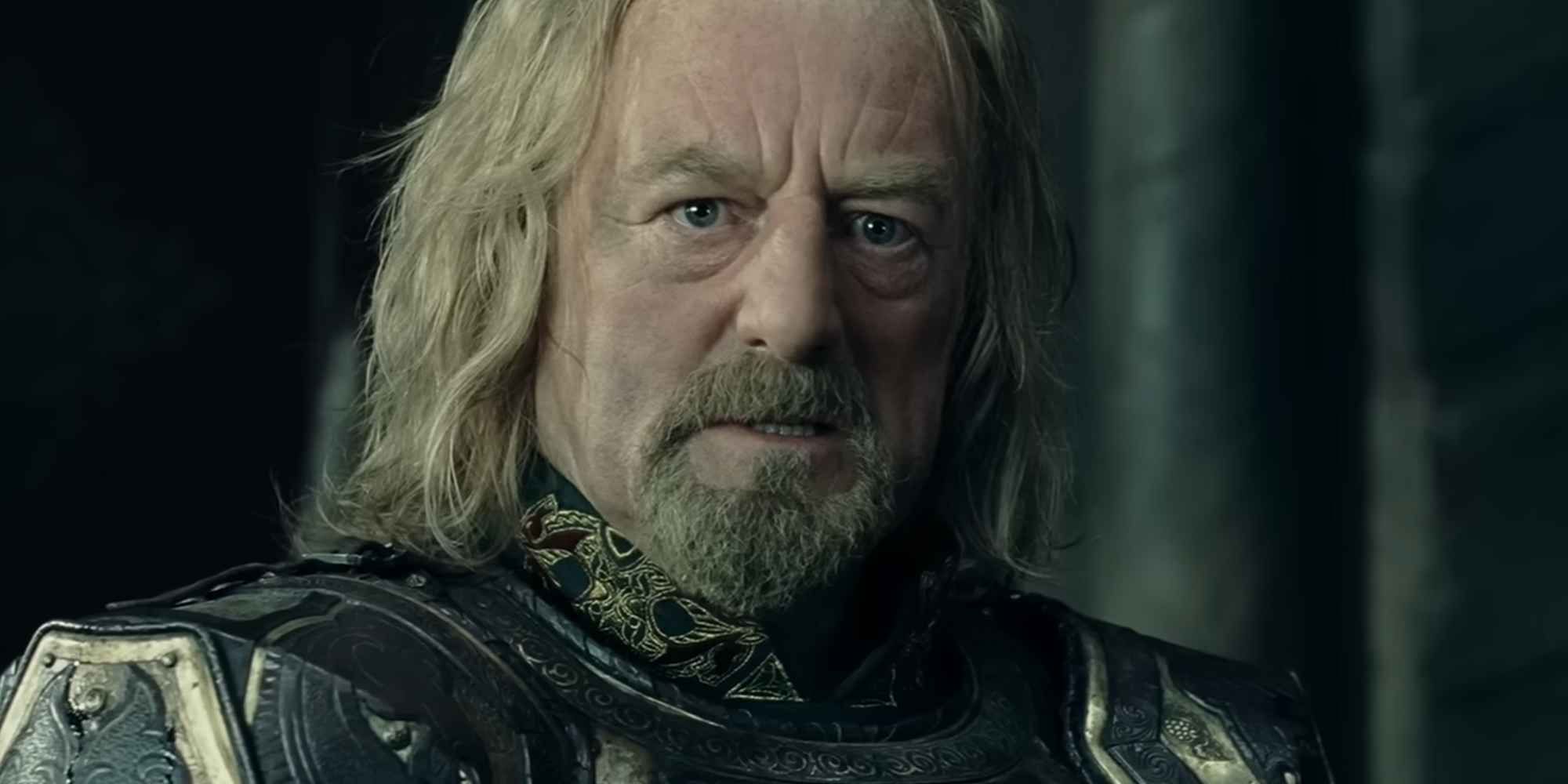 Close-up of King Theoden, clad in armor, before storming out of Helm's Deep