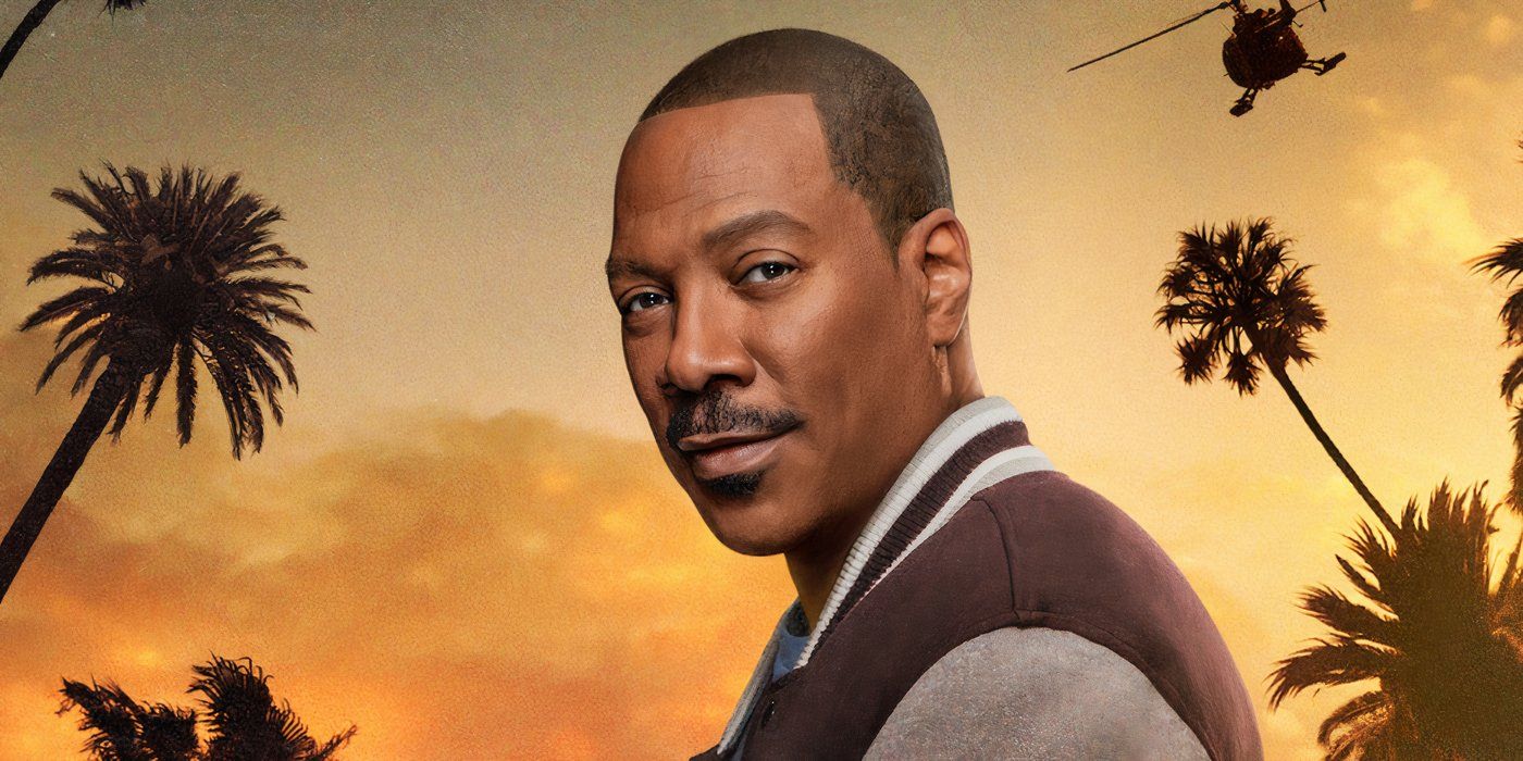 Eddie Murphy smirking whilst surrounded by palm trees while a helicopter flies above him.