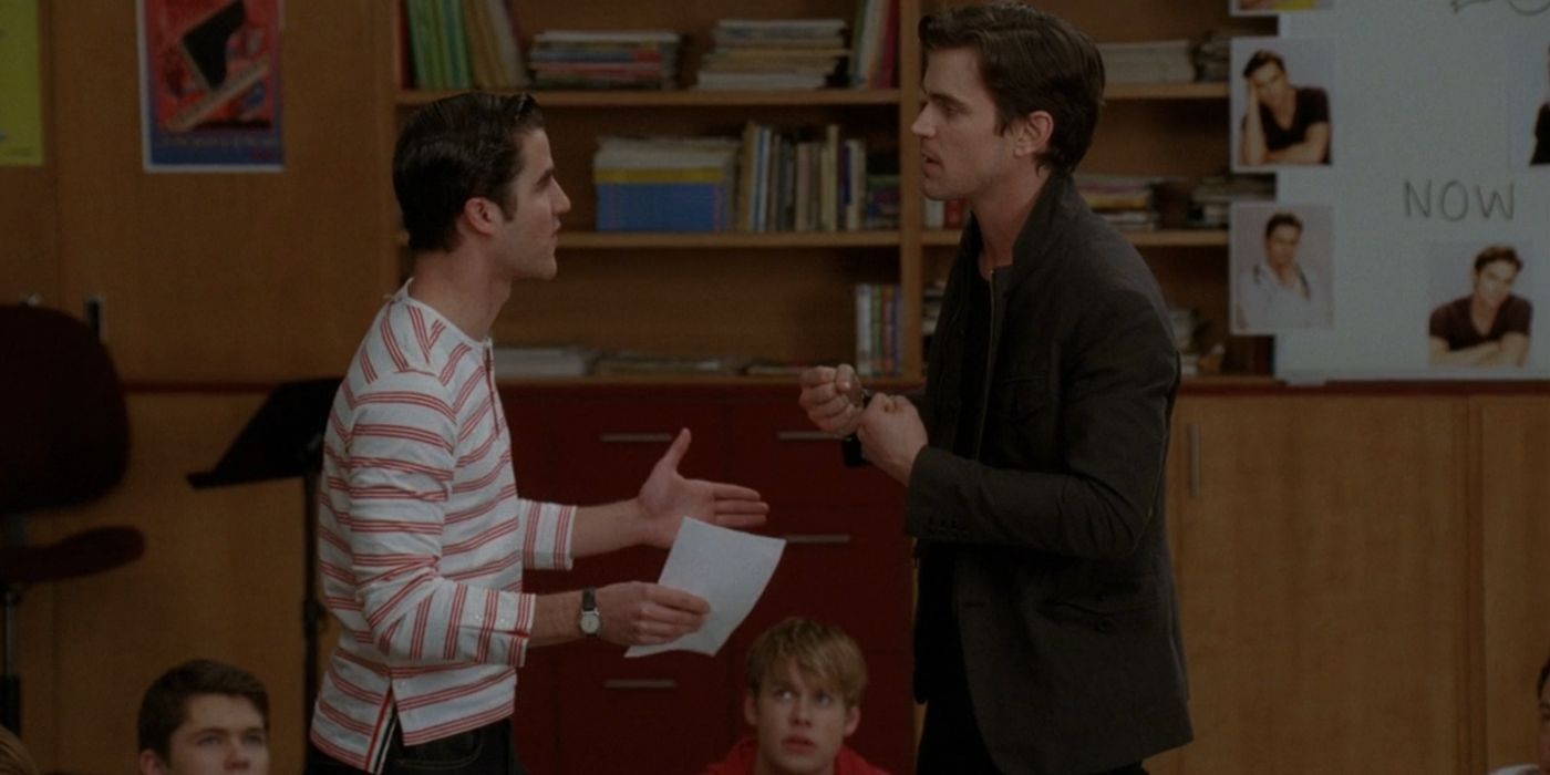 Blaine and Coop argue in the Glee room during an acting session taught by Coop. 
