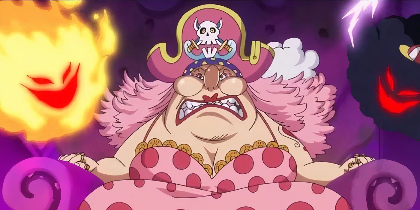 The character Big Mom sits on a chair in a pink polka-dot dress with pink hair and a pink pirate hat in One Piece
