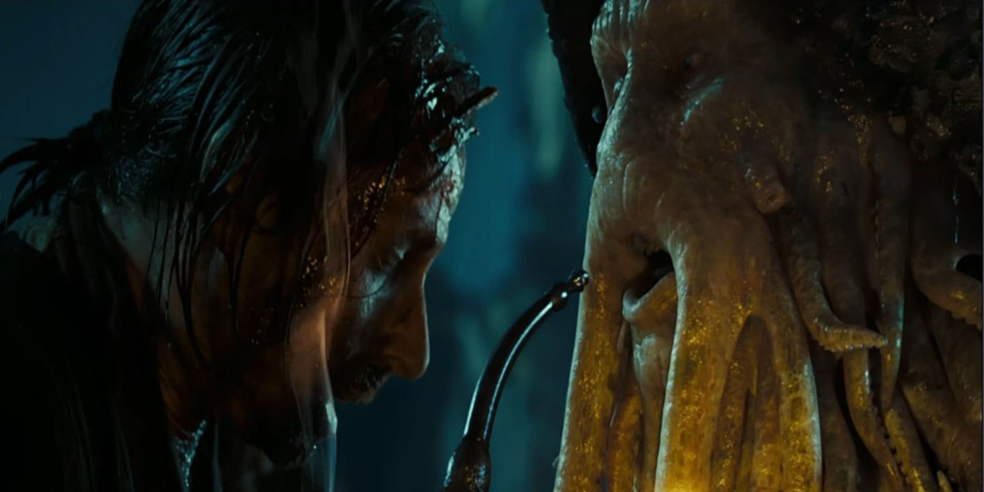 Davy Jones, smoking a pipe in a man's face in Pirates of the Caribbean Dead Man's Chest