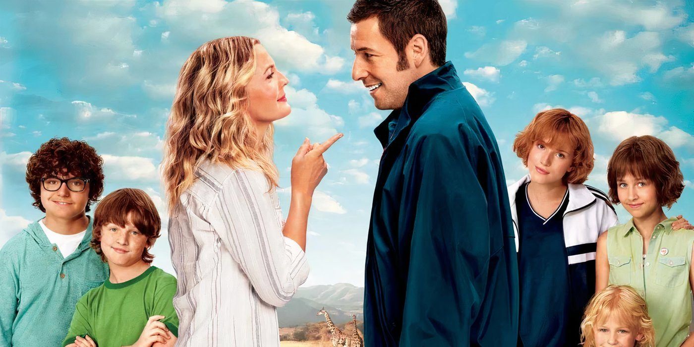Drew Barrymore pointing at Adam Sandler with their children around them in Blended
