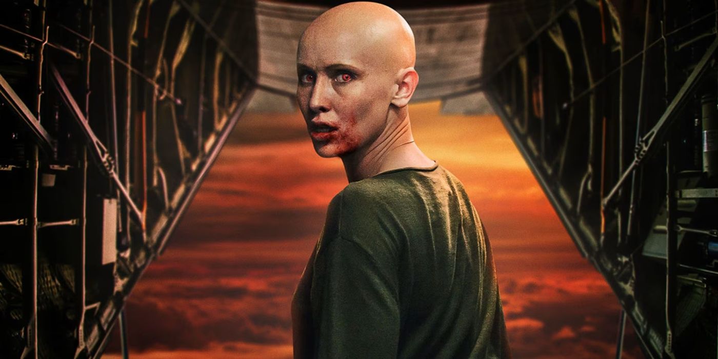 Nadja (Peri Baumeister), a bald woman with blood smeared over her mouth, red eyes, and fangs, standing in front of an open plane exit and looking over her shoulder in Blood Red Sky