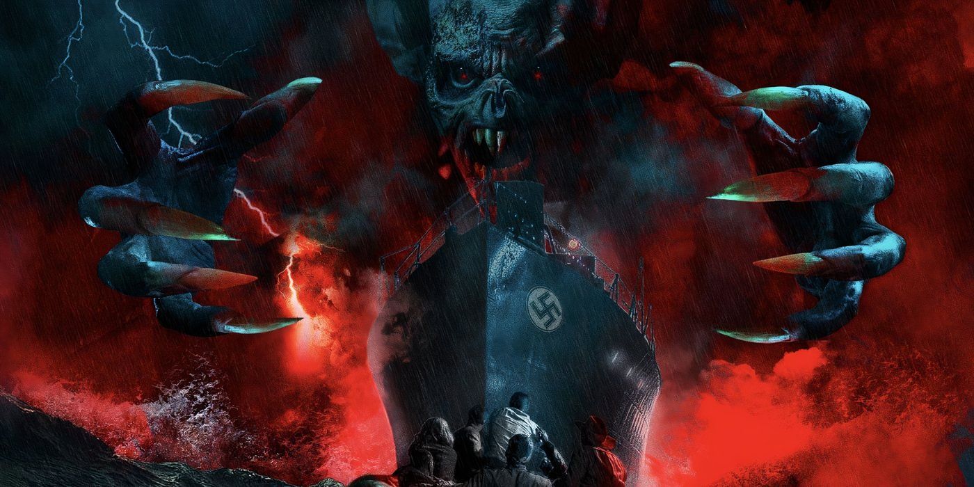 Promotional image for &lsquo;Blood Vessel&rsquo; featuring a large vampire against a red sky reaching out for a nazi ship while a lifeboat of survivors floats in front of it