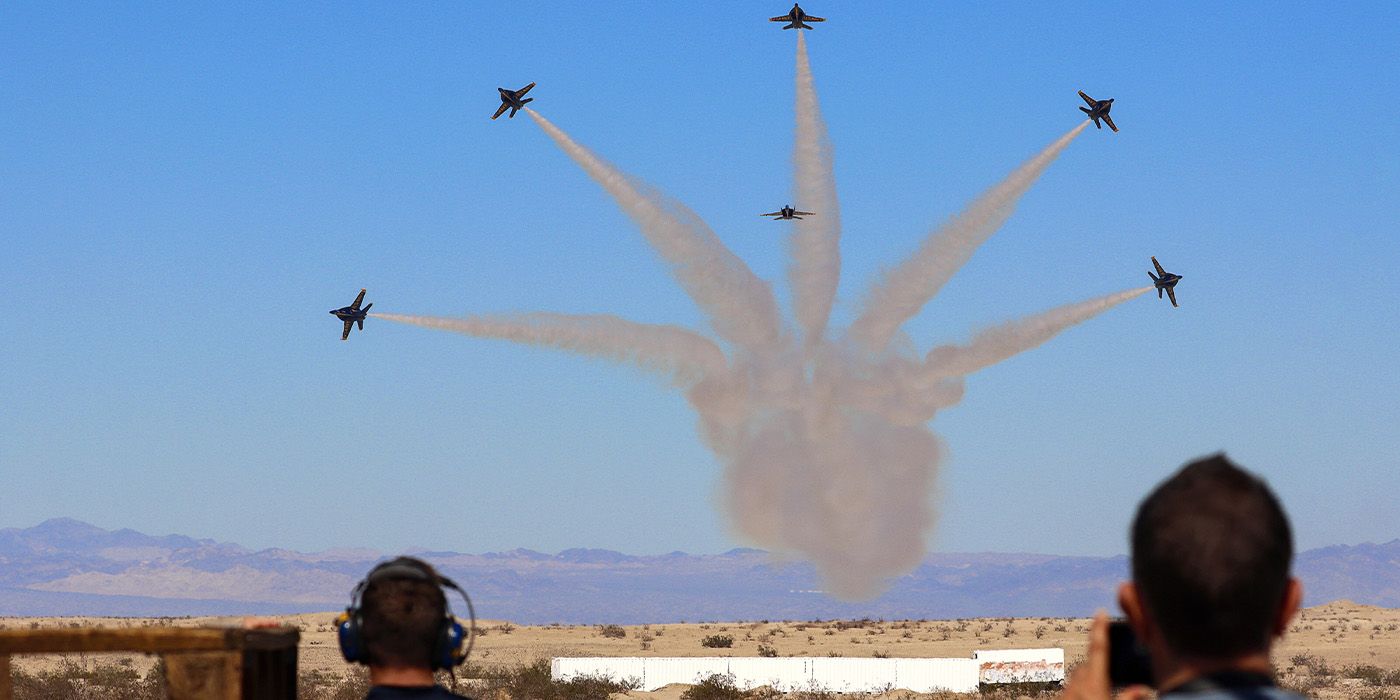 The Blue Angels crew capturing a formation during Blue Angels practice over the desert