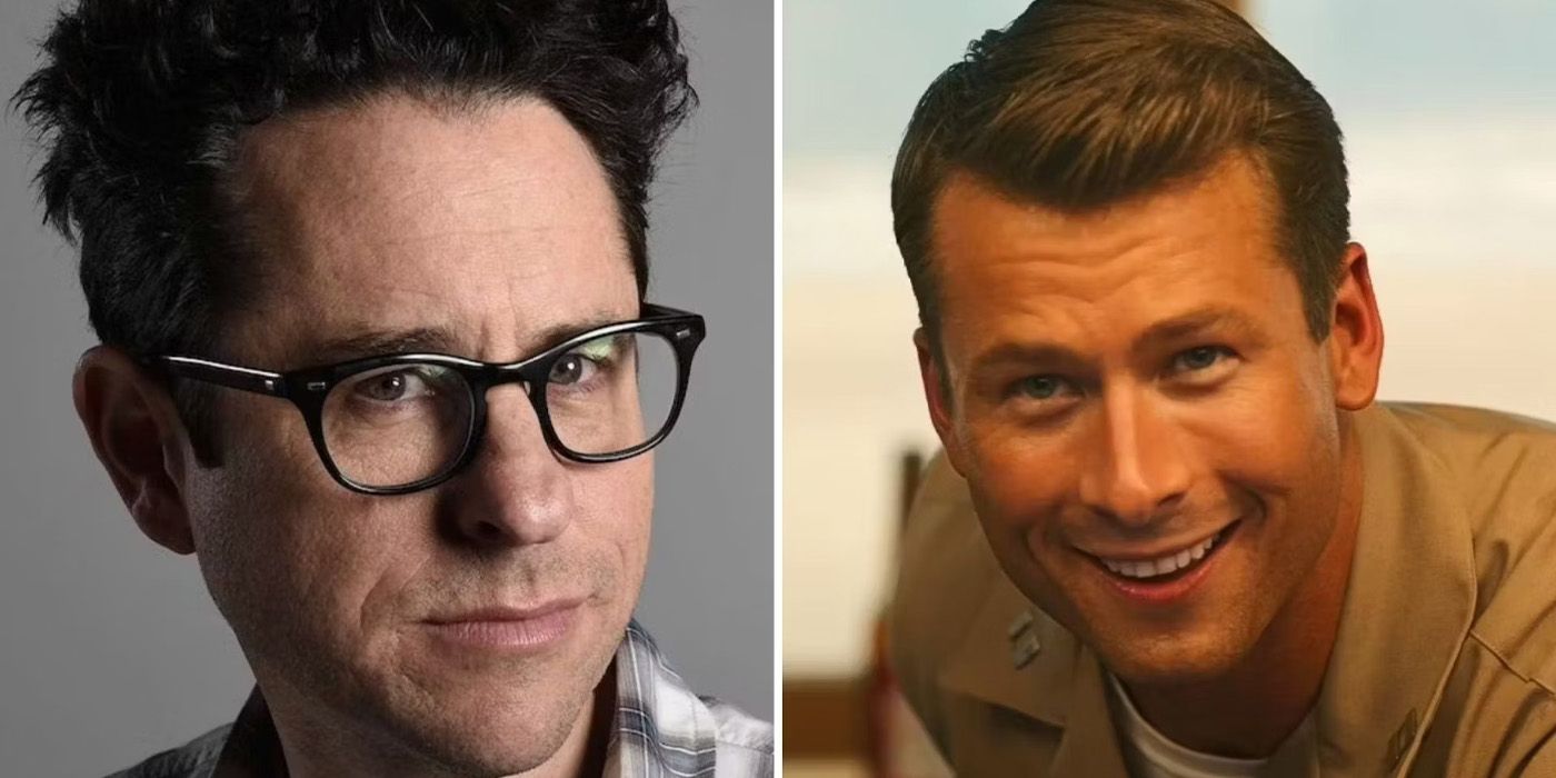 Two images side-by-side of J.J. Abrams and Glen Powell from Top Gun: Maverick