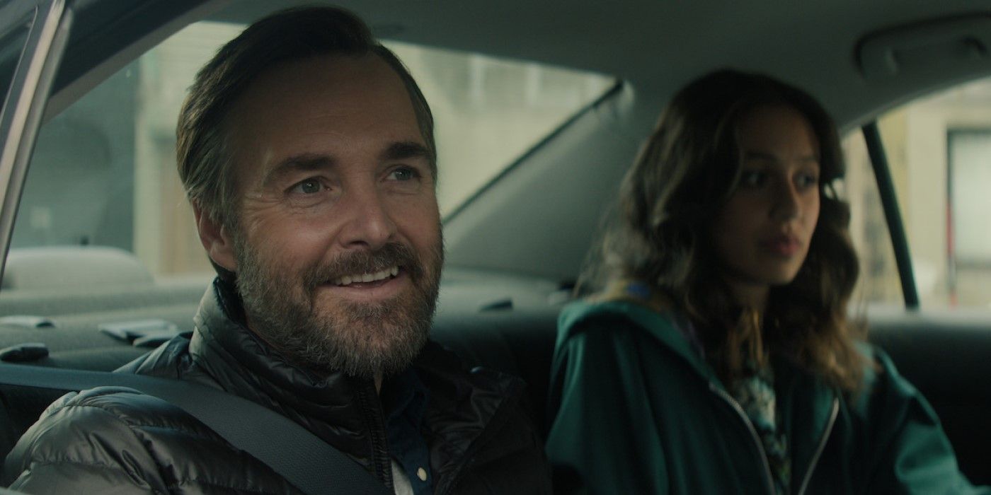 Gilbert (Will Forte) and Emmy (Robyn Cara) sit in the back of a car in 'Bodkin'