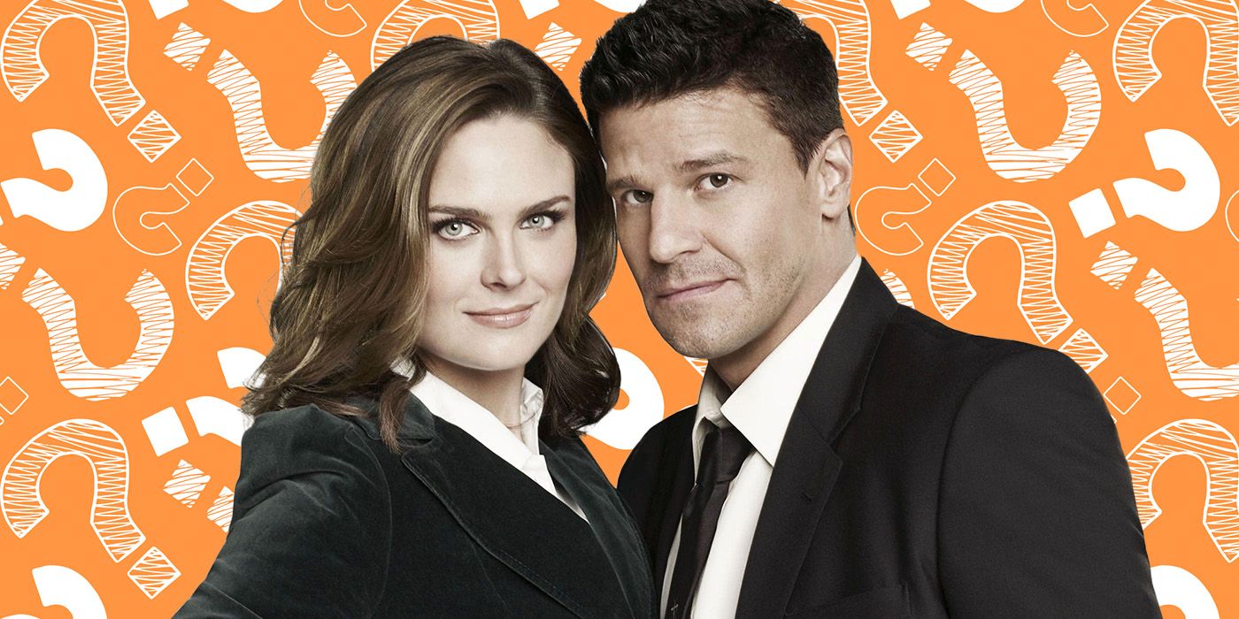 Emily Deschanel and David Boreanaz of Bones, in front of an orange background filled with white question marks