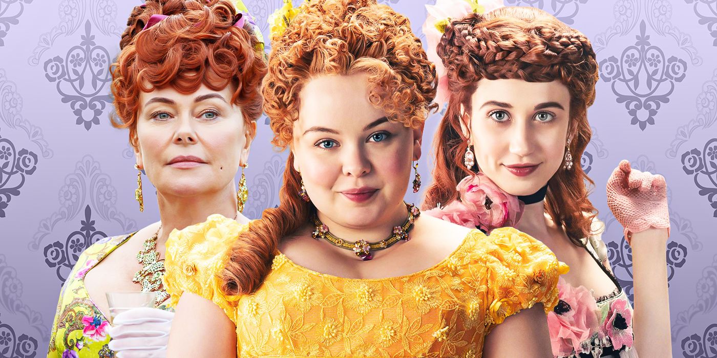 Polly Walker as Portia, Nicola Coughlan as Penelope, and Harriet Cains as Philipa Featherington in a custom image of the Bridgerton characters next to each other.