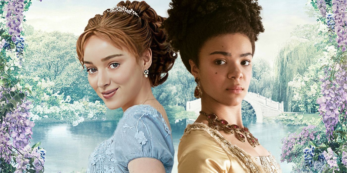 Phoebe Dynevor as Daphne Bridgerton and India Amarteifio as the young Queen Charlotte standing back to back in a custom image