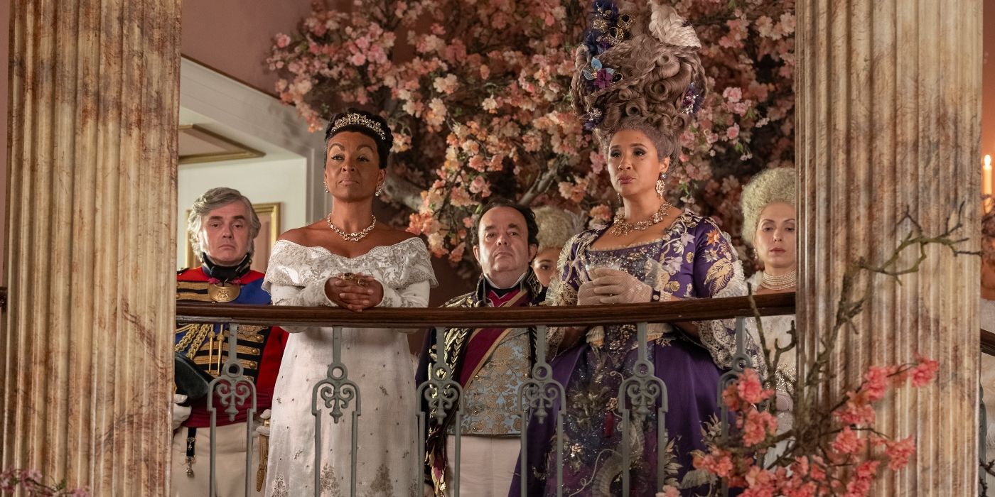 Adjoa Andoh and Golda Rosheuvel looking out over a balcony in Bridgerton Season 3