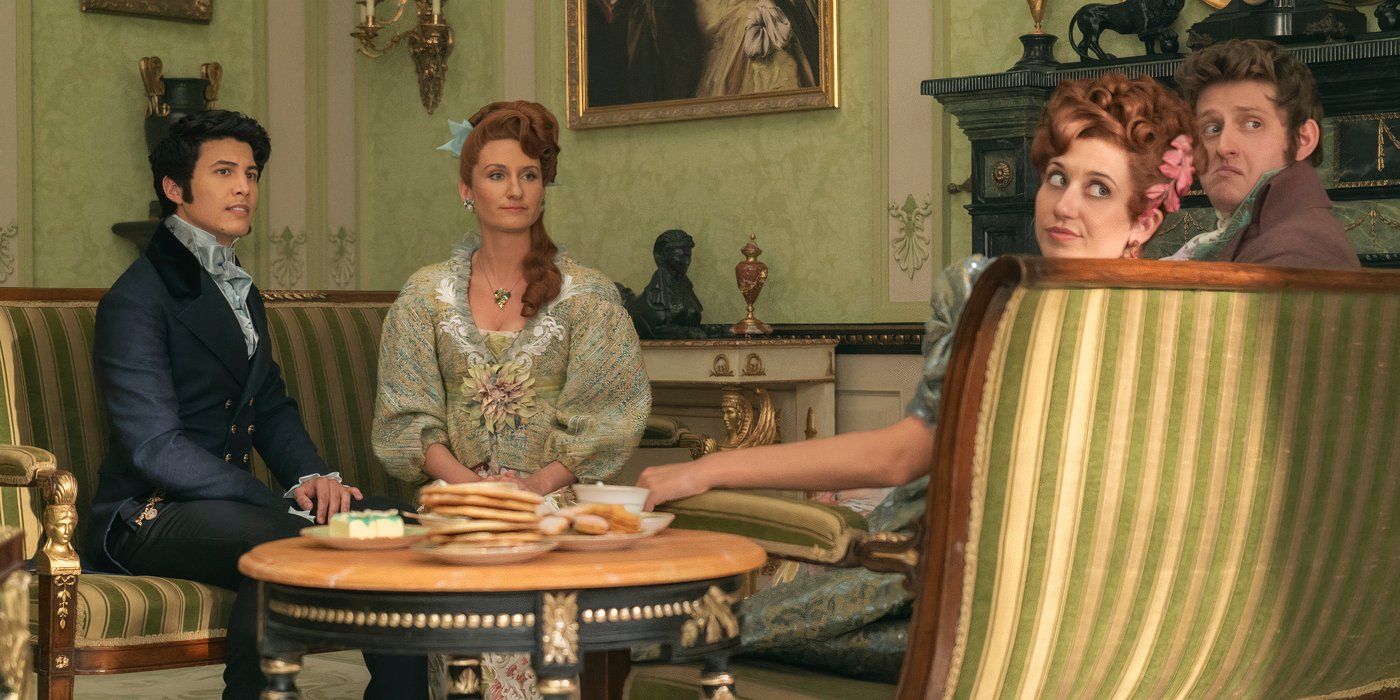 Harriet Cains and Bessie Carter sitting in a drawing room in Bridgerton Season 3 Episode 1