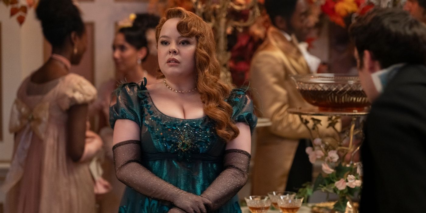 Nicola Coughlan wearing an emerald green dress in Bridgerton Season 3 Episode 1