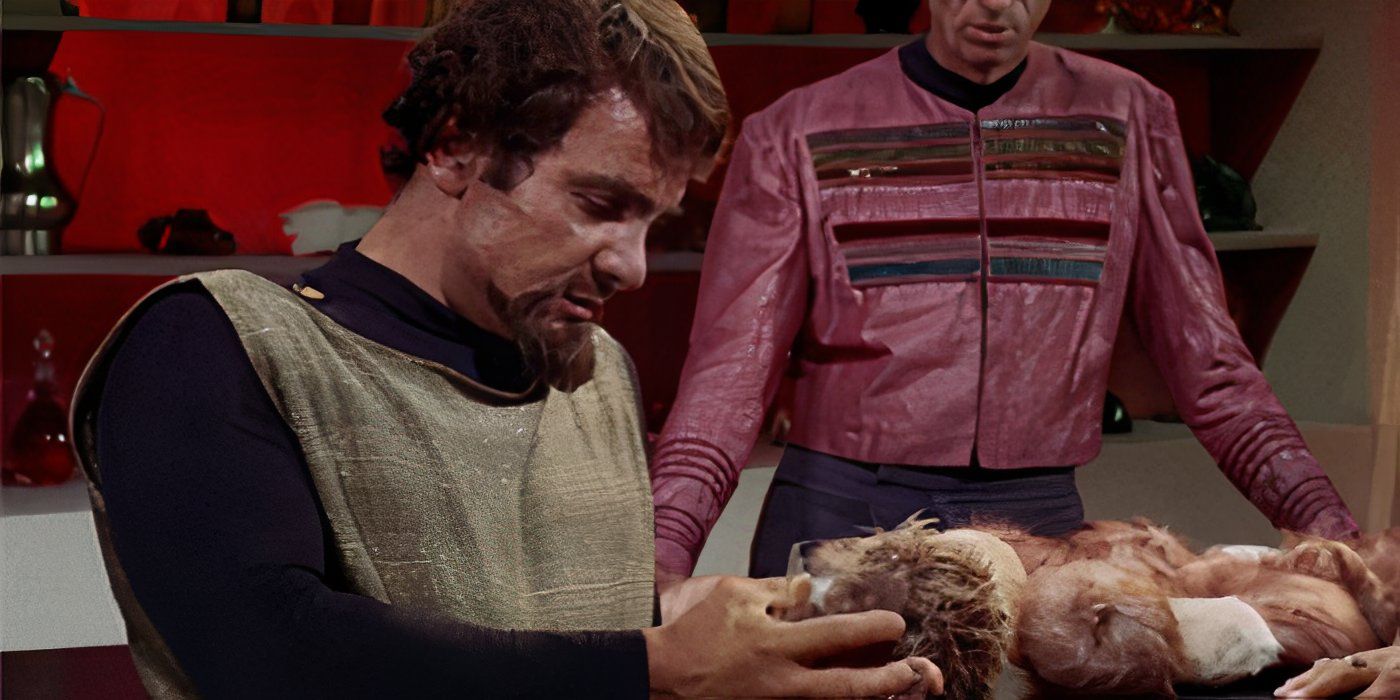 Captain Koloth (William Campbell) holds a tribble in 'Star Trek: TOS' Episode "The Trouble With Tribbles"