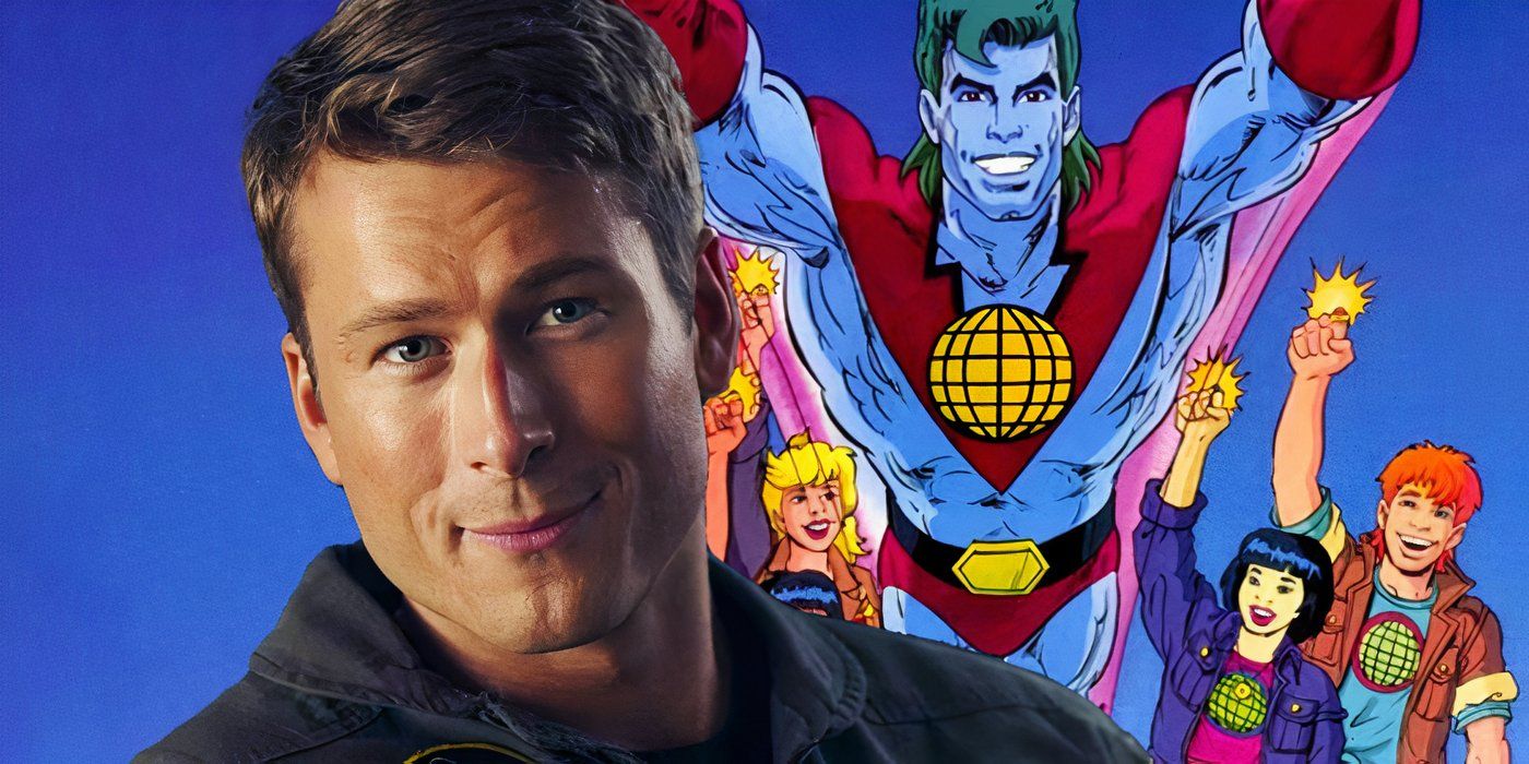 Glen Powell superimposed on an image from Captain Planet