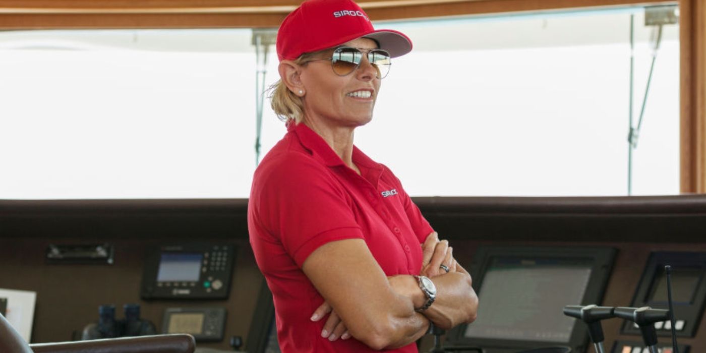 Captain Sandy on the bridge crossing her arms on 'Below Deck Med.'