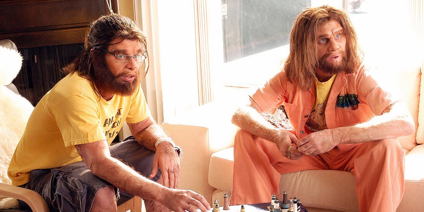 Two Caveman sit in a living room playing a board game, light from the window shining through in Cavemen.