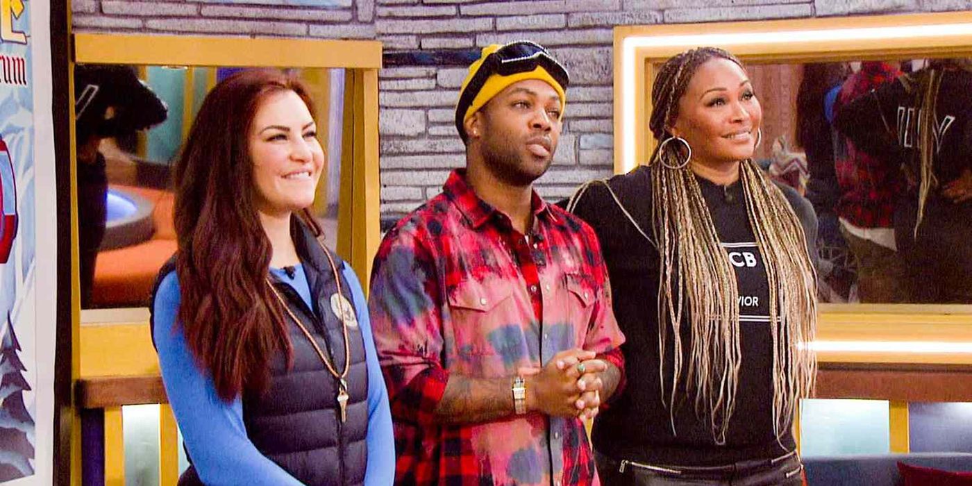 Miesha Tate, Todrick Hall, and Cynthia Bailey standing together and looking up on Celebrity Big Brother.