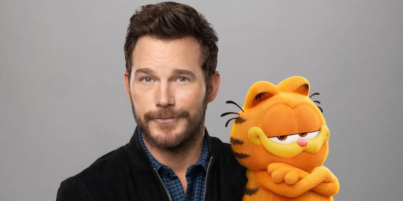 Chris Pratt in a gray background standing next to an animated version of Garfield.