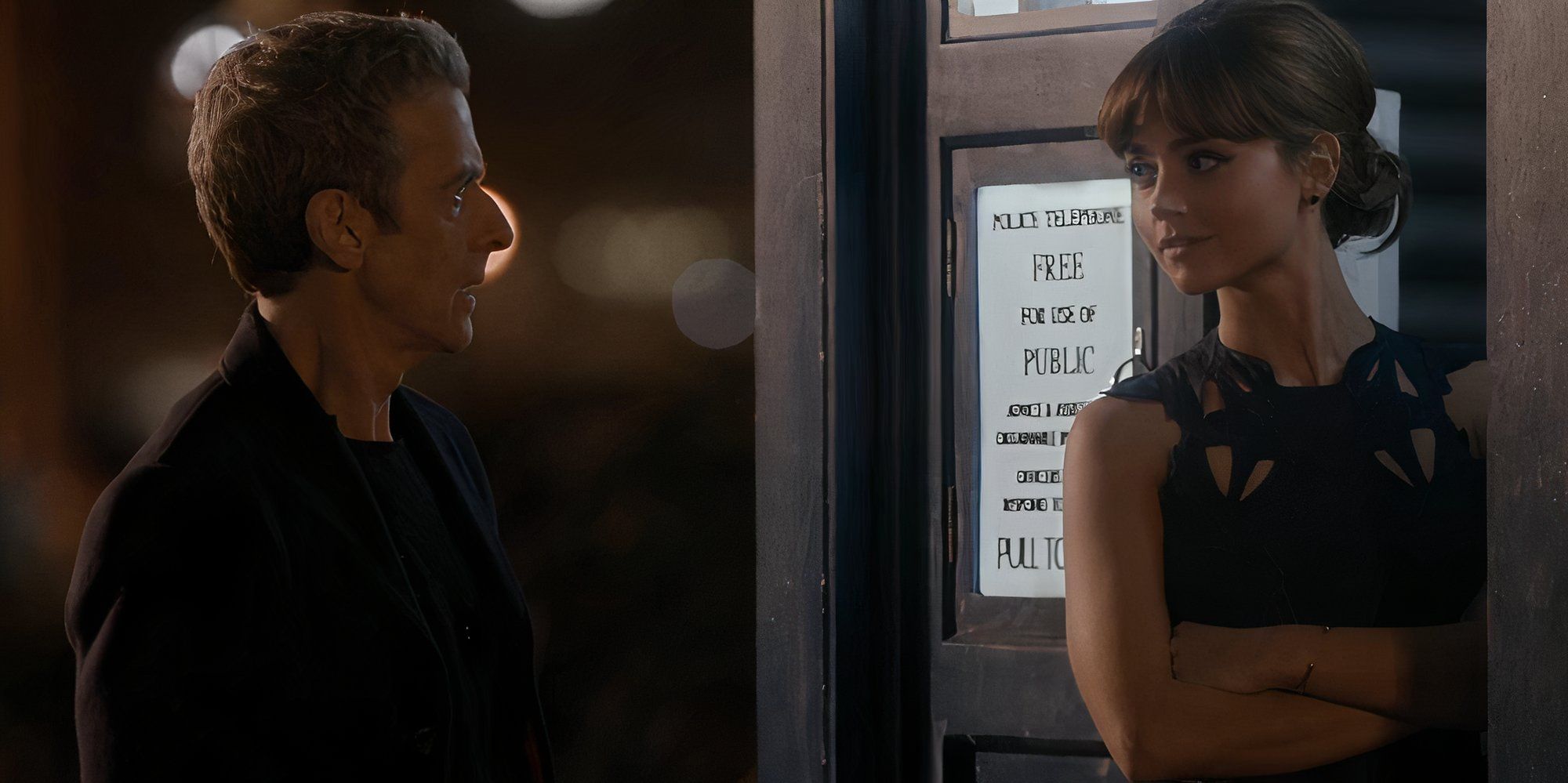 Clara and 12th Doctor talking outside the TARDIS in 'Listen' from 'Doctor Who'