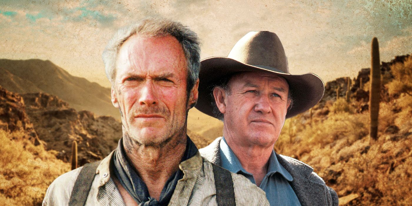 Clint Eastwood and Gene Hackman of Unforgiven, in front of a Western desert backdrop