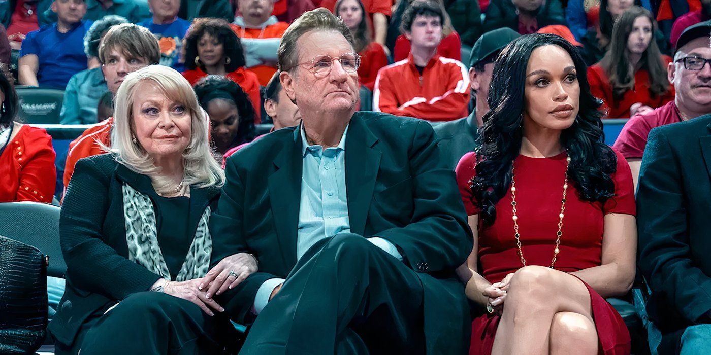 Jacki Weaver, Ed O'Neill, and Cleopatra Coleman sitting courtside at a Clippers game in FX’s Clipped