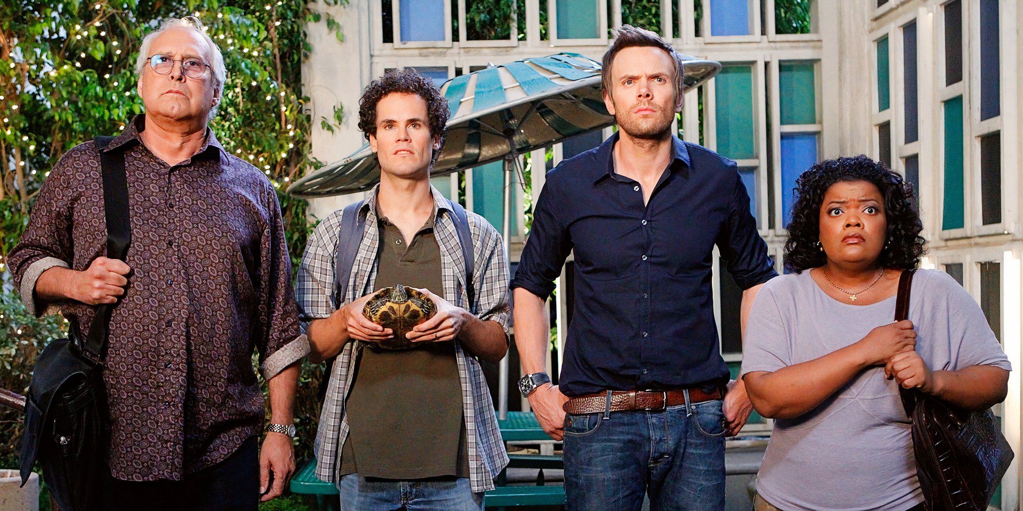 Pierce Hawthorne, Todd Jacobson, Jeff Winger, and Shirley Bennett in Community 