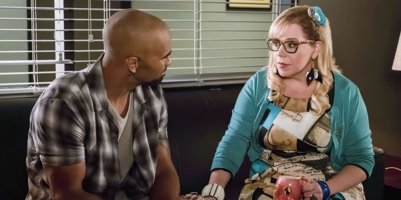 Shemar Moore and Kirsten Vangsness sitting on a couch together holding hands in Criminal Minds Season 13