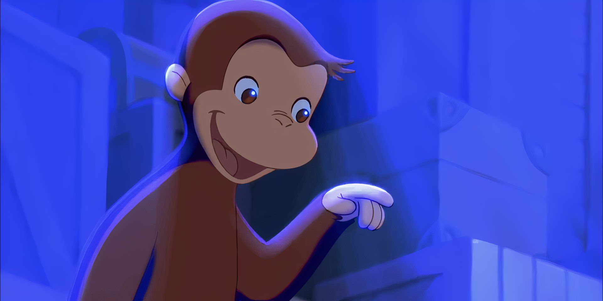 Curious George in a room with blue light 