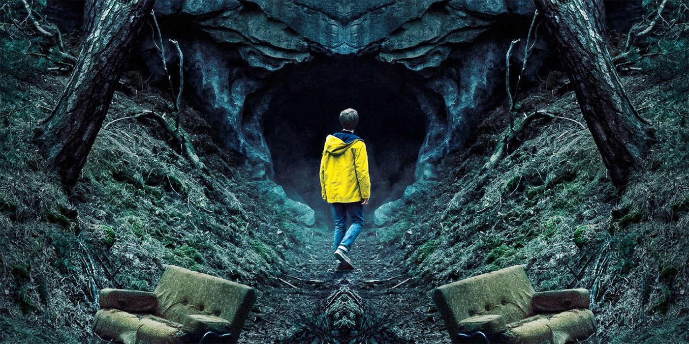Poster of a boy in a yellow jacket looking down a portal in the Netflix series Dark.