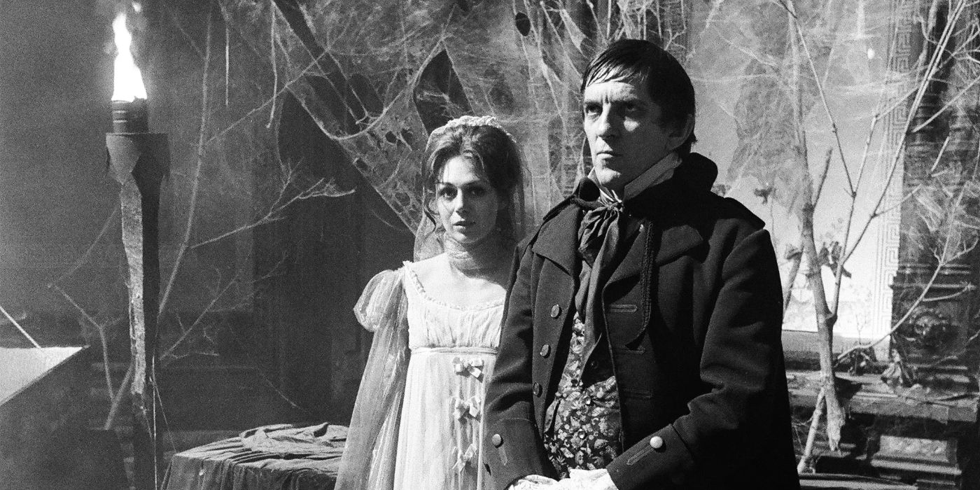 Barnabas Collins (Jonathan Frid) standing in front of Maggie Evans (Kathryn Leigh Scott) in a cobweb-covered room, with Maggie wearing a wedding dress and veil, in Dark Shadows