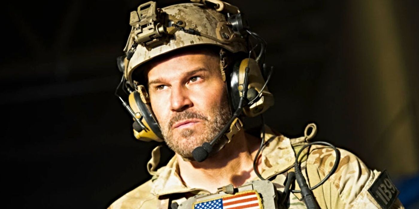 David Boreanaz as Jason Hayes, wearing his uniform and helmet on SEAL Team