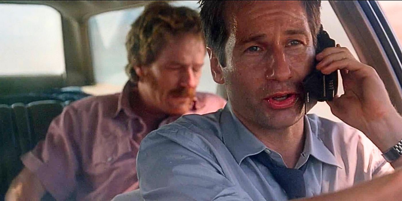 David Duchovny drives while an ailing Bryan Cranston sits in the backseat in the episode Drive from The X-Files