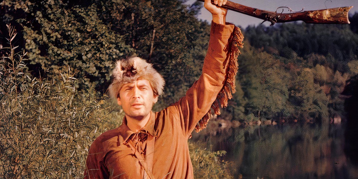 Fess Parker as Davy Crockett raised his musket high above his head