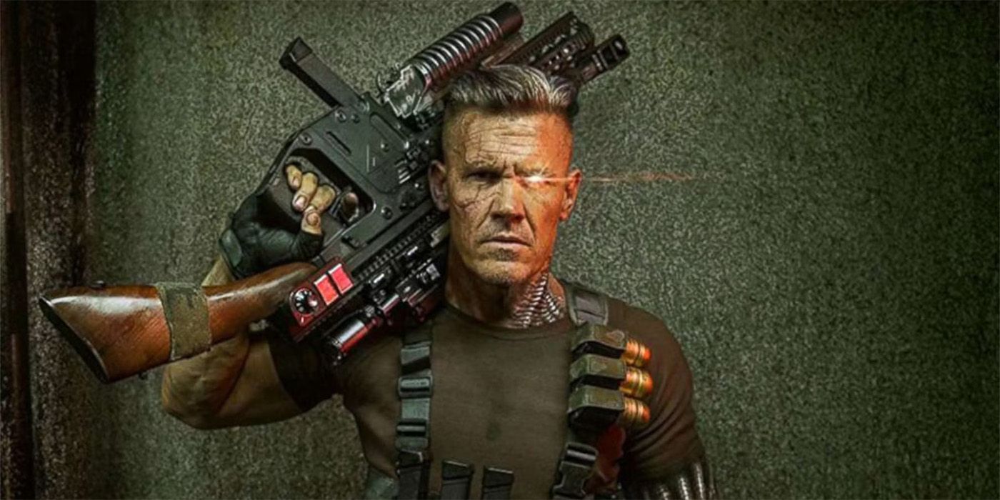 Josh Brolin as Cable in Deadpool 2 with a large gun slung over his shoulder, his left eye glowing red