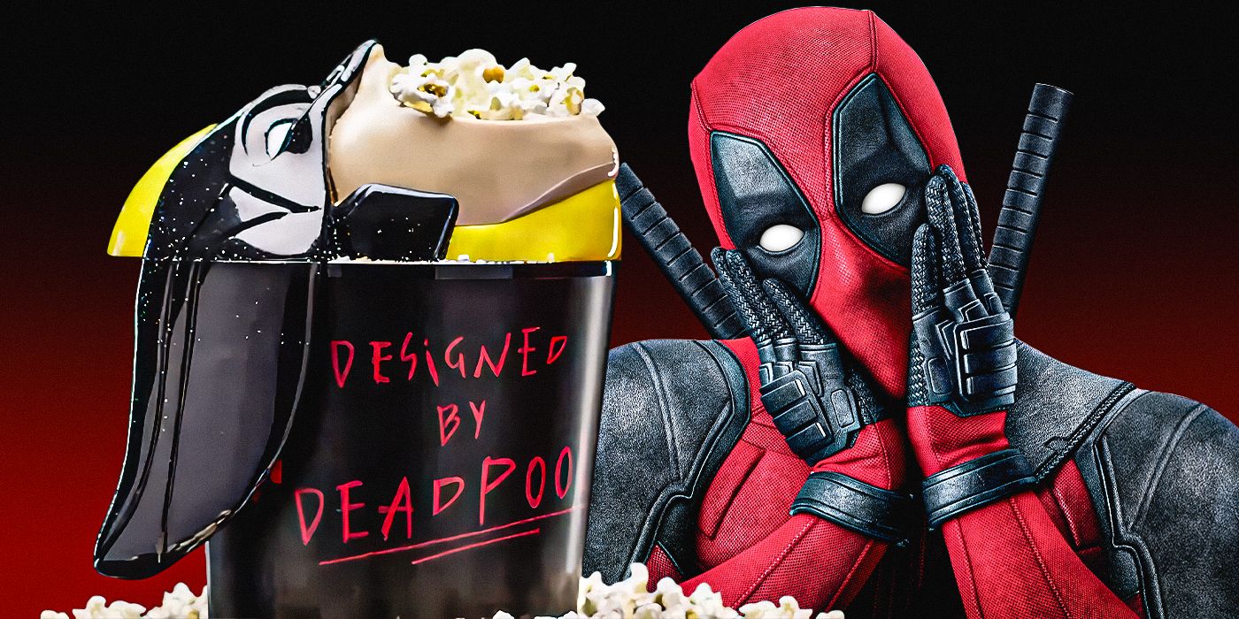 Deadpool looking at a popcorn bucket shaped like Wolverine's face