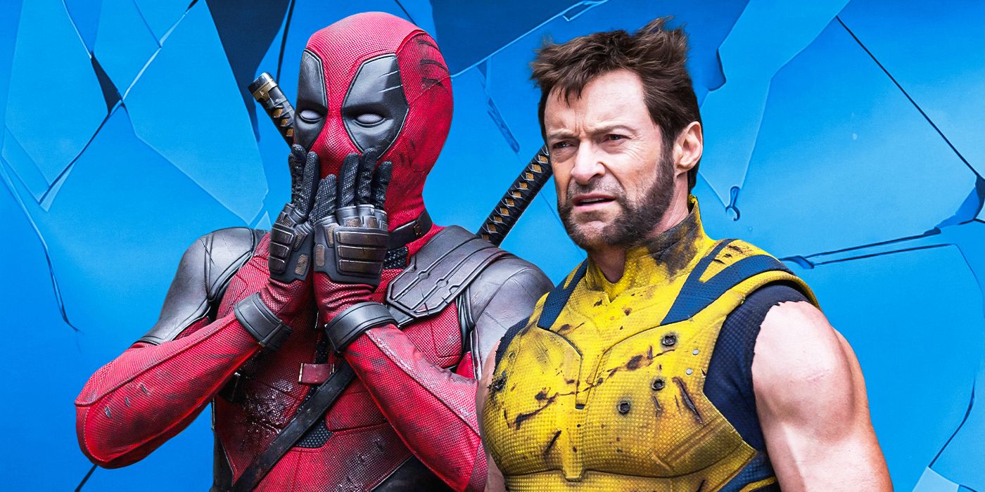 Ryan Reynolds and Hugh Jackman, as Deadpool and Wolverine, look surprised with a blue broken texture in the background