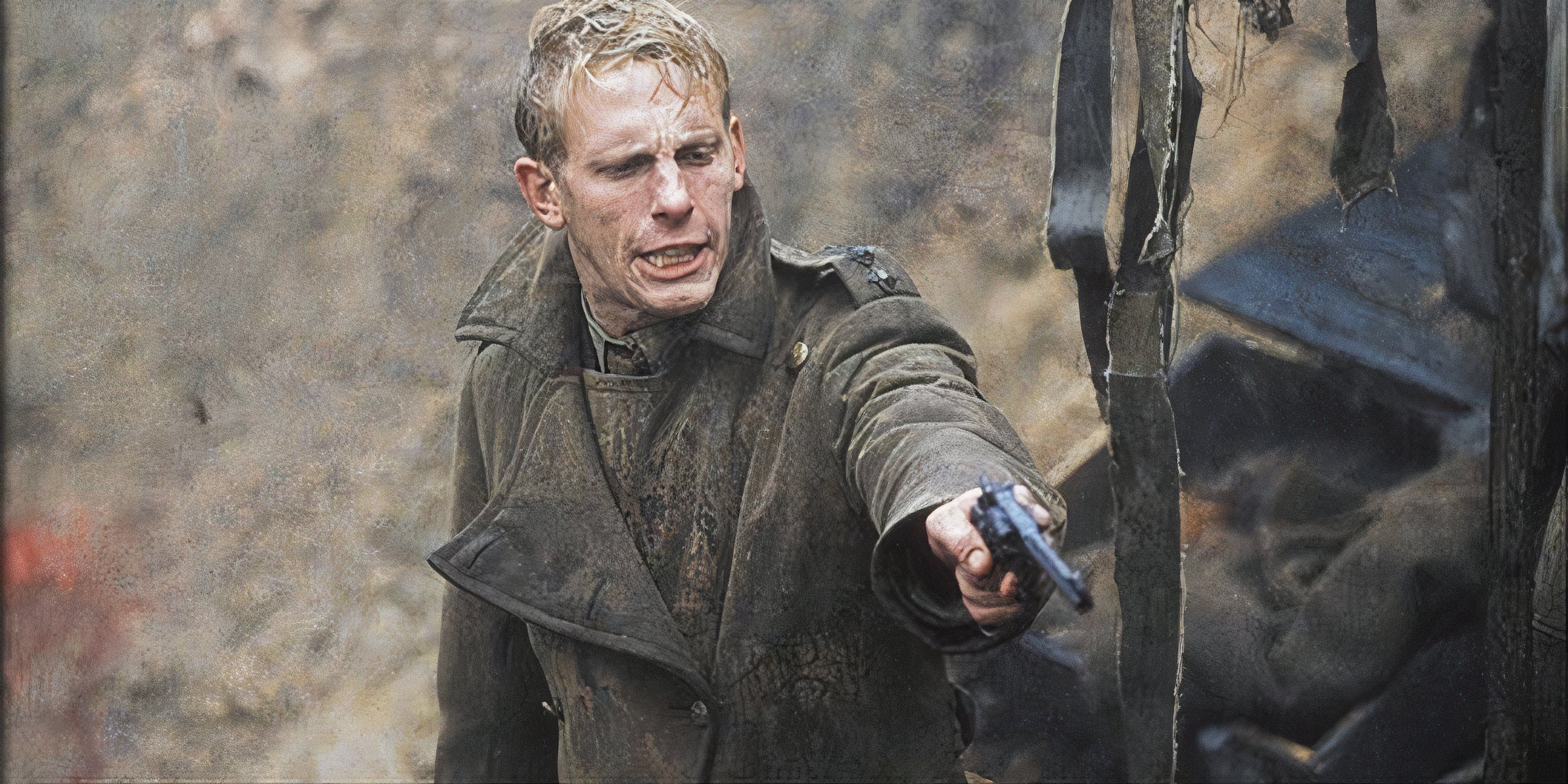 Laurence Fox as Bramwell Jennings pointing a gun at someone off camera in Deathwatch
