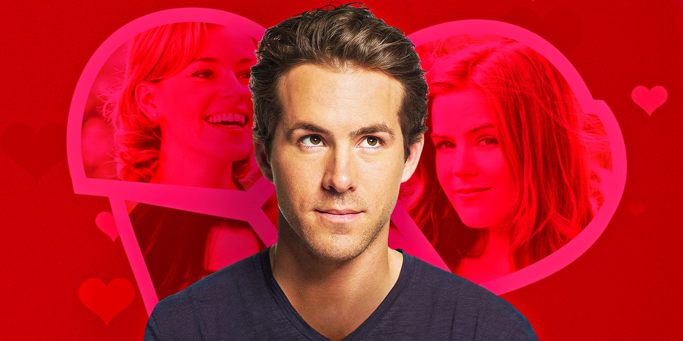 Ryan Reynolds as Will from Definitely, Maybe against a red background with Elizabeth Banks & Isla Fisher